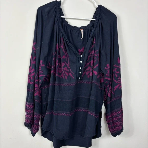 Free People Persuasion Embroidered Top Womens M Oversized Slouchy Boho Hippie - Picture 2 of 9